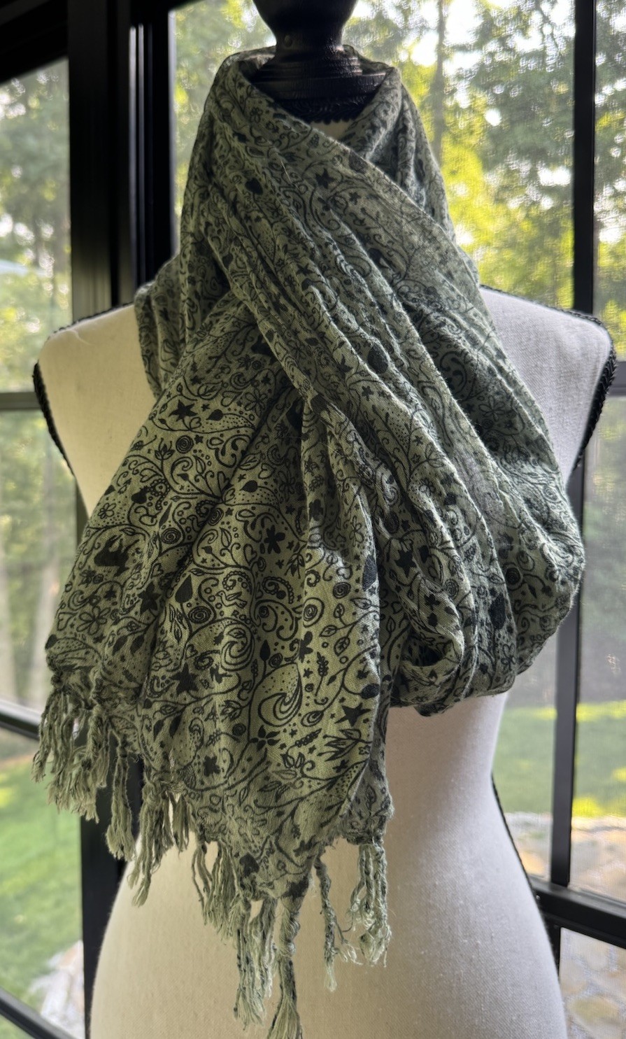 Roots Canada Cotton Silk Woodland Paisley Fringe Scarf Shawl Wrap 70 x 23