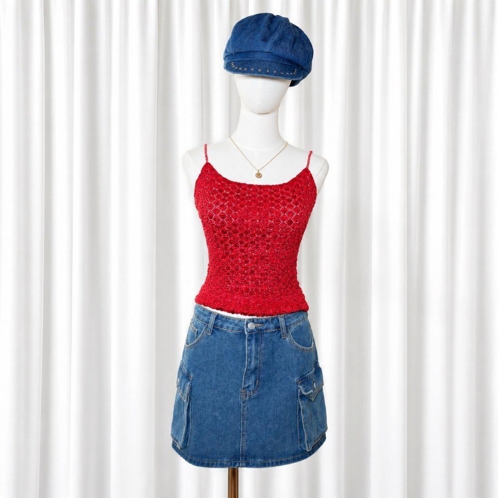 Euro Y2K Red Crochet Knit Cami Top Stunning