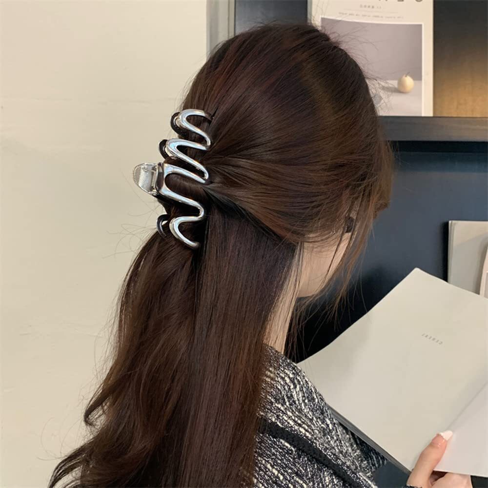 1Pcs Metal Sliver Irregular Wave Hair Claw Clips Thick Long Hair Styling