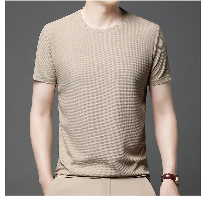 New Summer Waffle Round Neck Short Sleeved T-shirt for Men’s Short Sleeved Top
