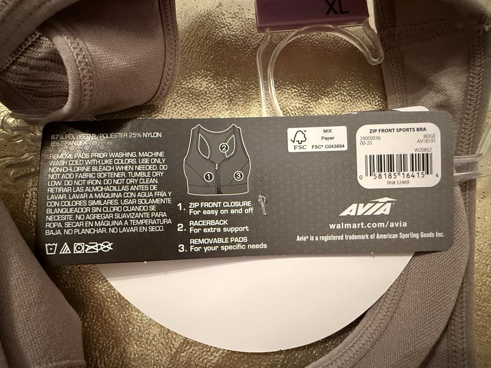 NWT Avia Zip Front Removable Pads Wire Free Sports Bra Medium Support Size XL