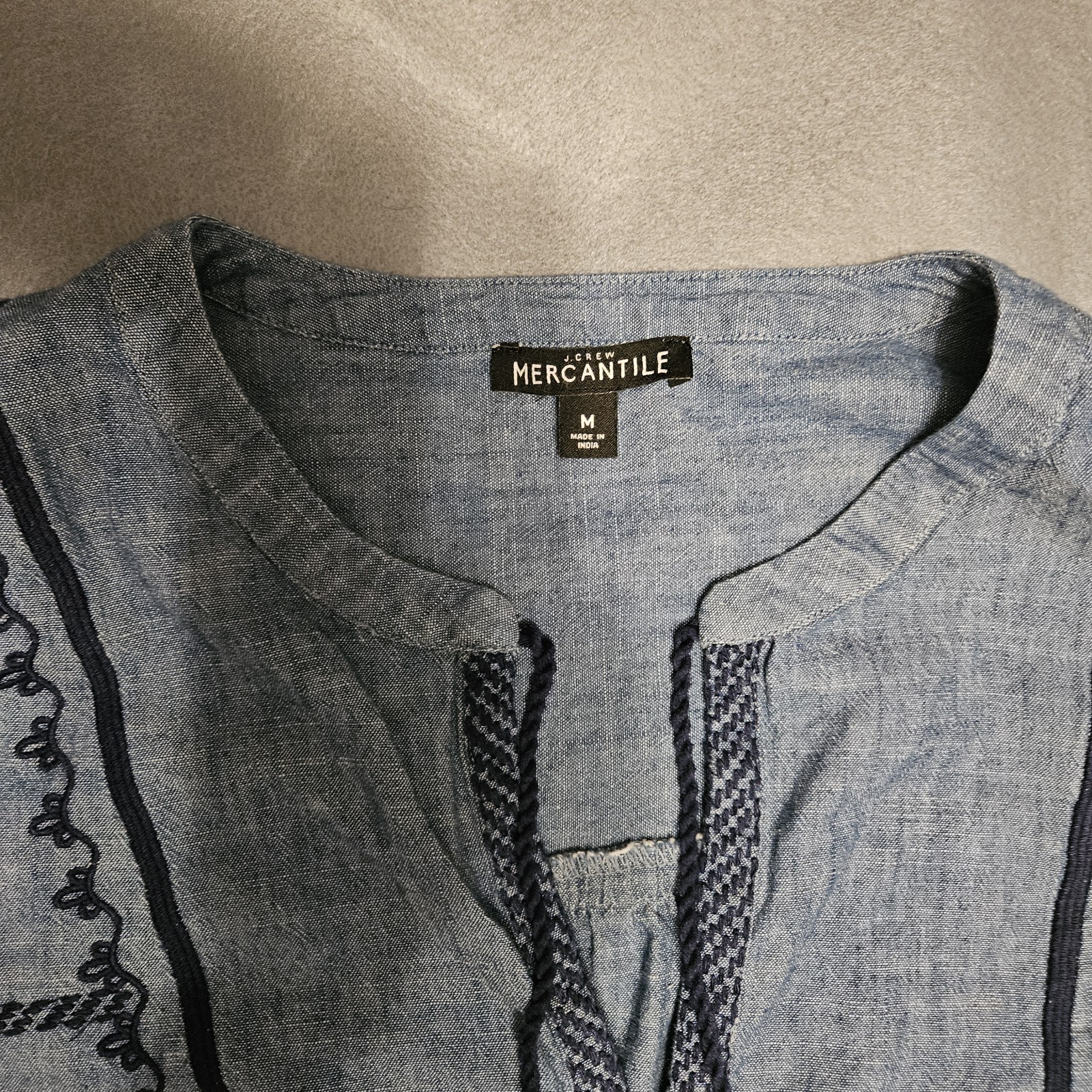 J.CREW Mercantile Blue Chambray Embroidered Tassel Tie Split Neck Blouse M