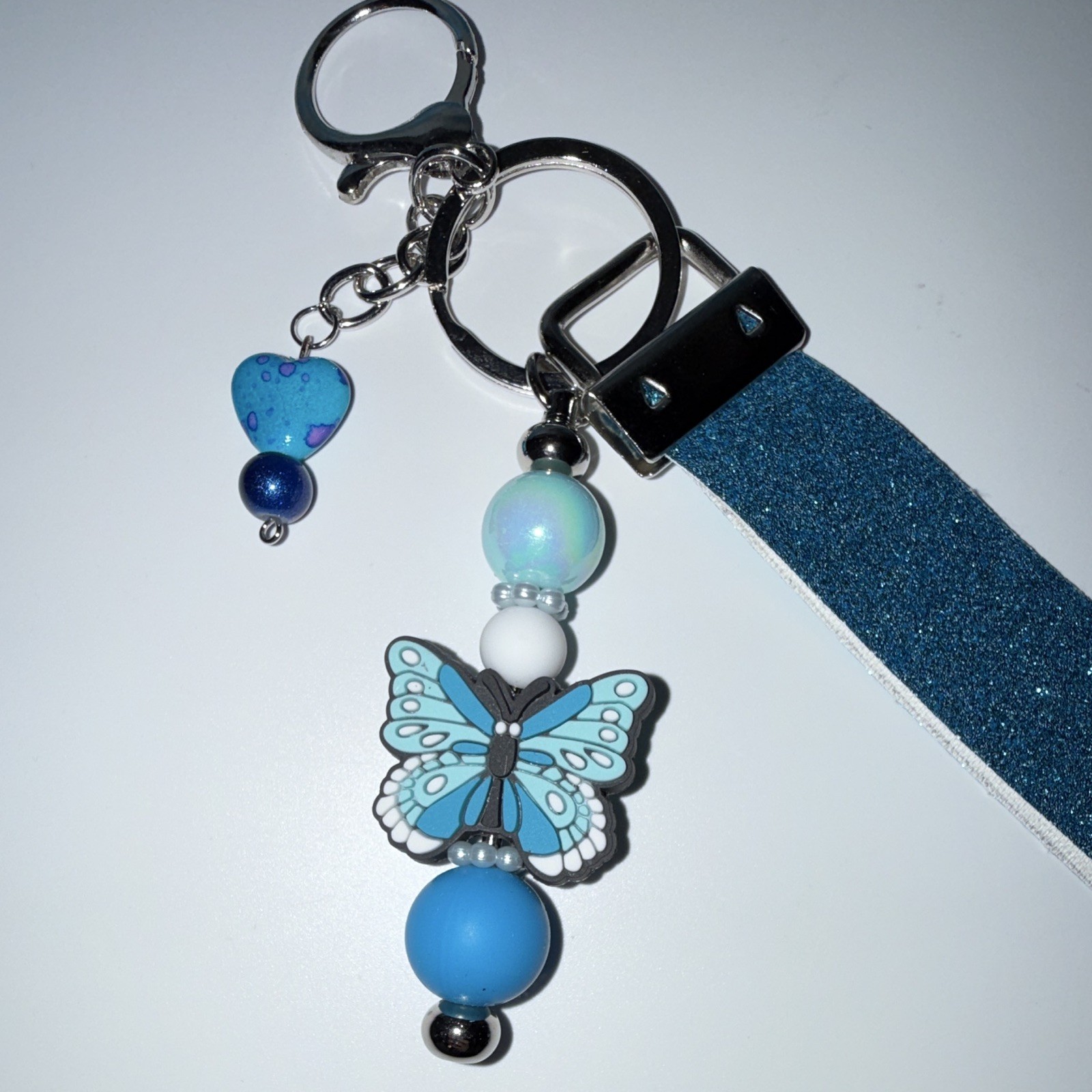 Blue Glitter Wristlet Strap Key Chain/Bag Charm w/Butterfly Heart Beads