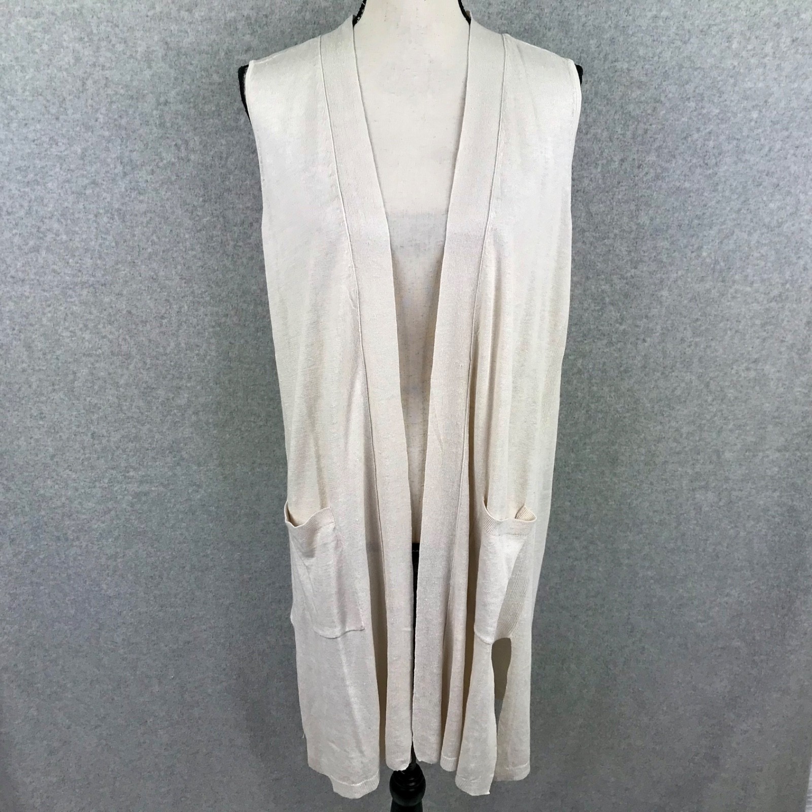 J Jill Beige Cardigan Long Vest Linen Blend Size M Sleeveless Minimalist Capsule