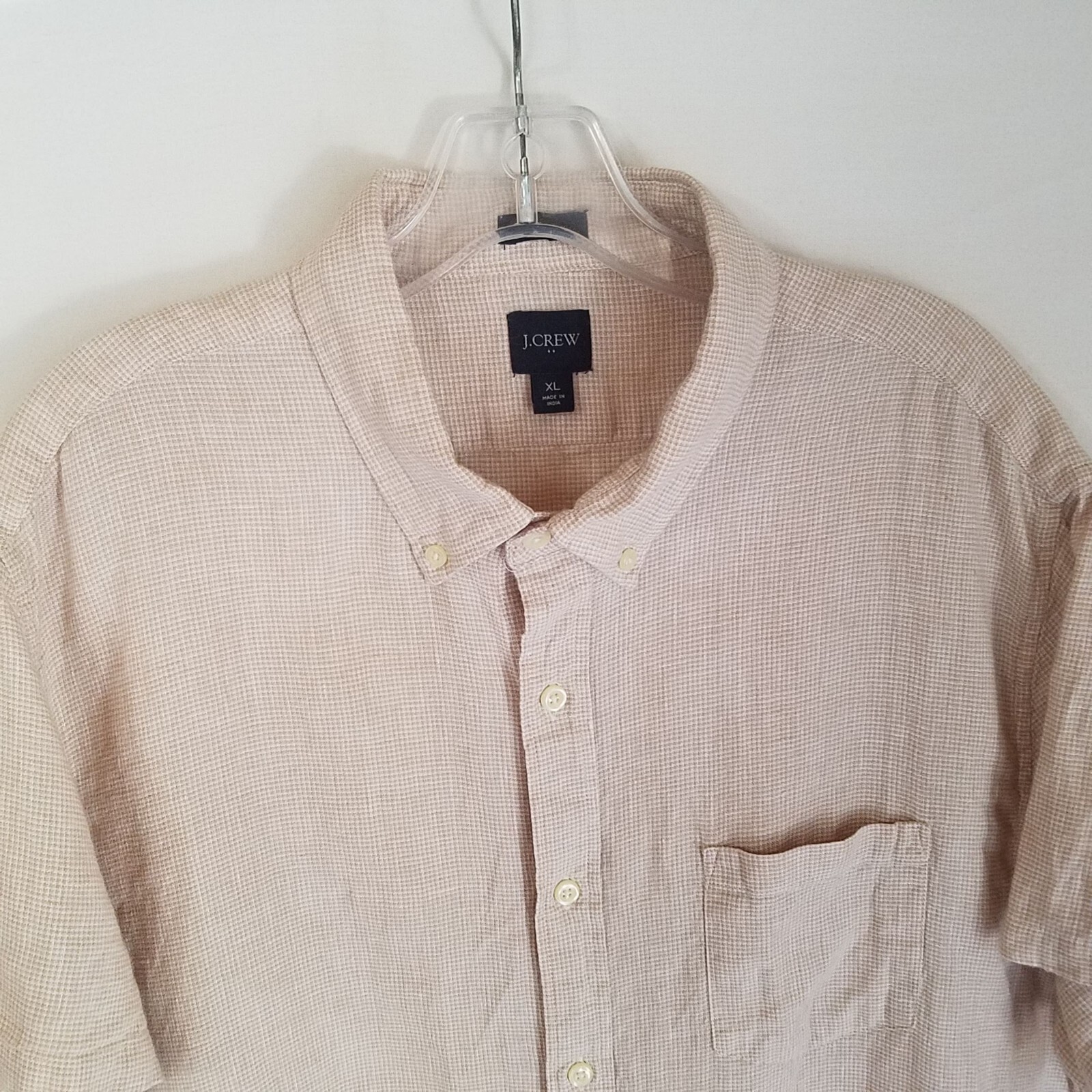 J Crew Mens Beige White Plaid Button Front Short Sleeve SLIM Shirt Size XL