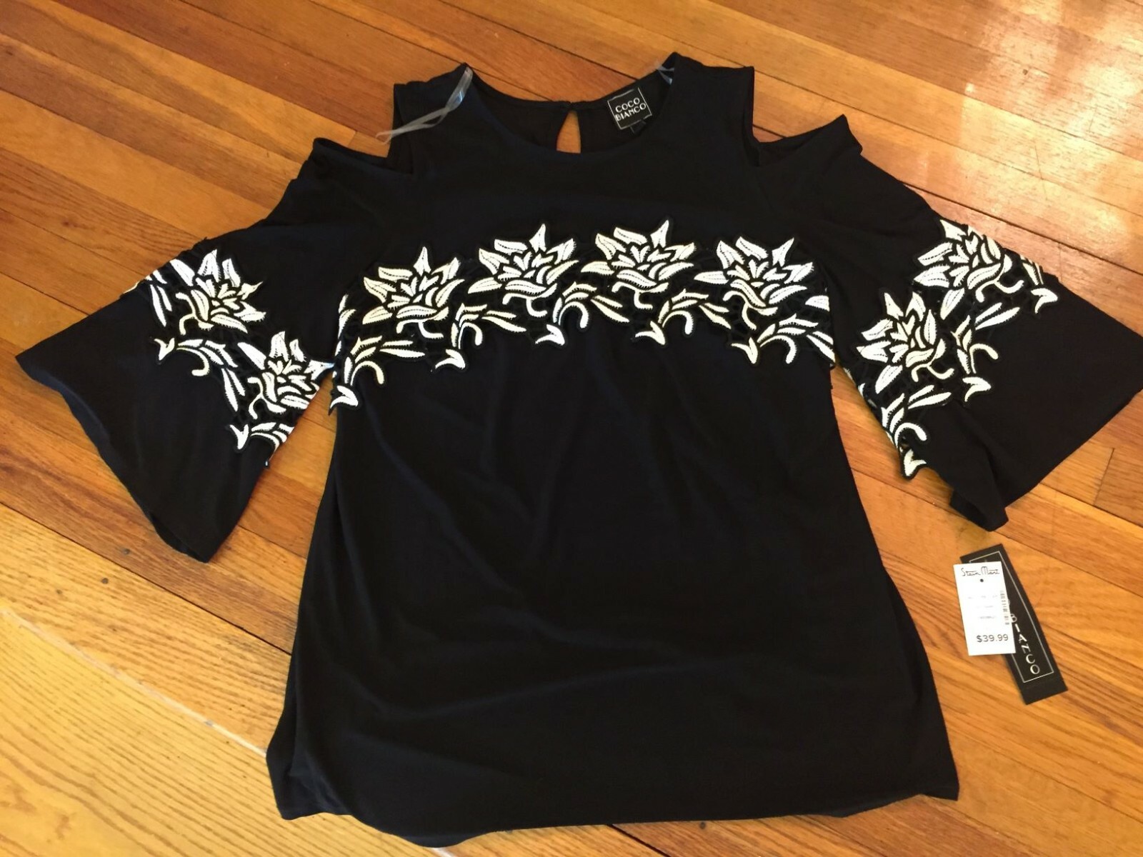 COCO BIANCO S-M-L-XL COLD SHOULDER BELL SLEEVE TOP WITH EMBROIDERY BLACK NWT