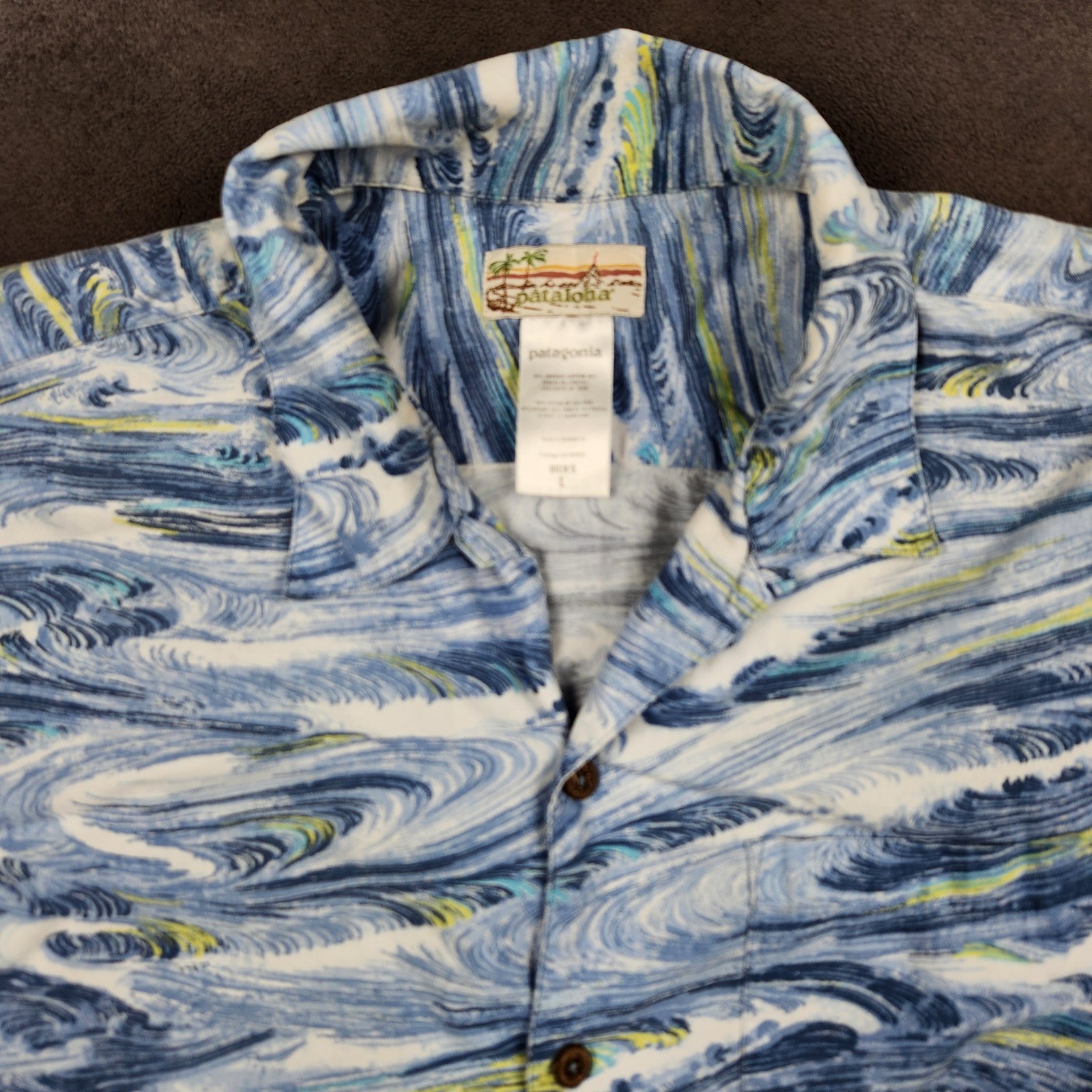 Patagonia Pataloha Shirt Mens Large Blue Swirl Wave Organic Cotton Tencel 52570