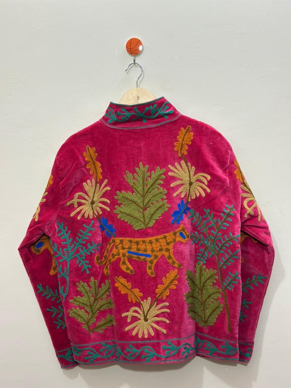 Pink Velvet Suzani Jacket Leopard Animal Embroidered Ethnic Women Boho Coat US