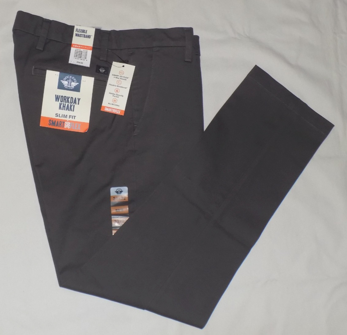 DOCKERS Men’s Workday Khaki 4-Way Stretch Slim Fit Pants Dark Gray 33X32 New