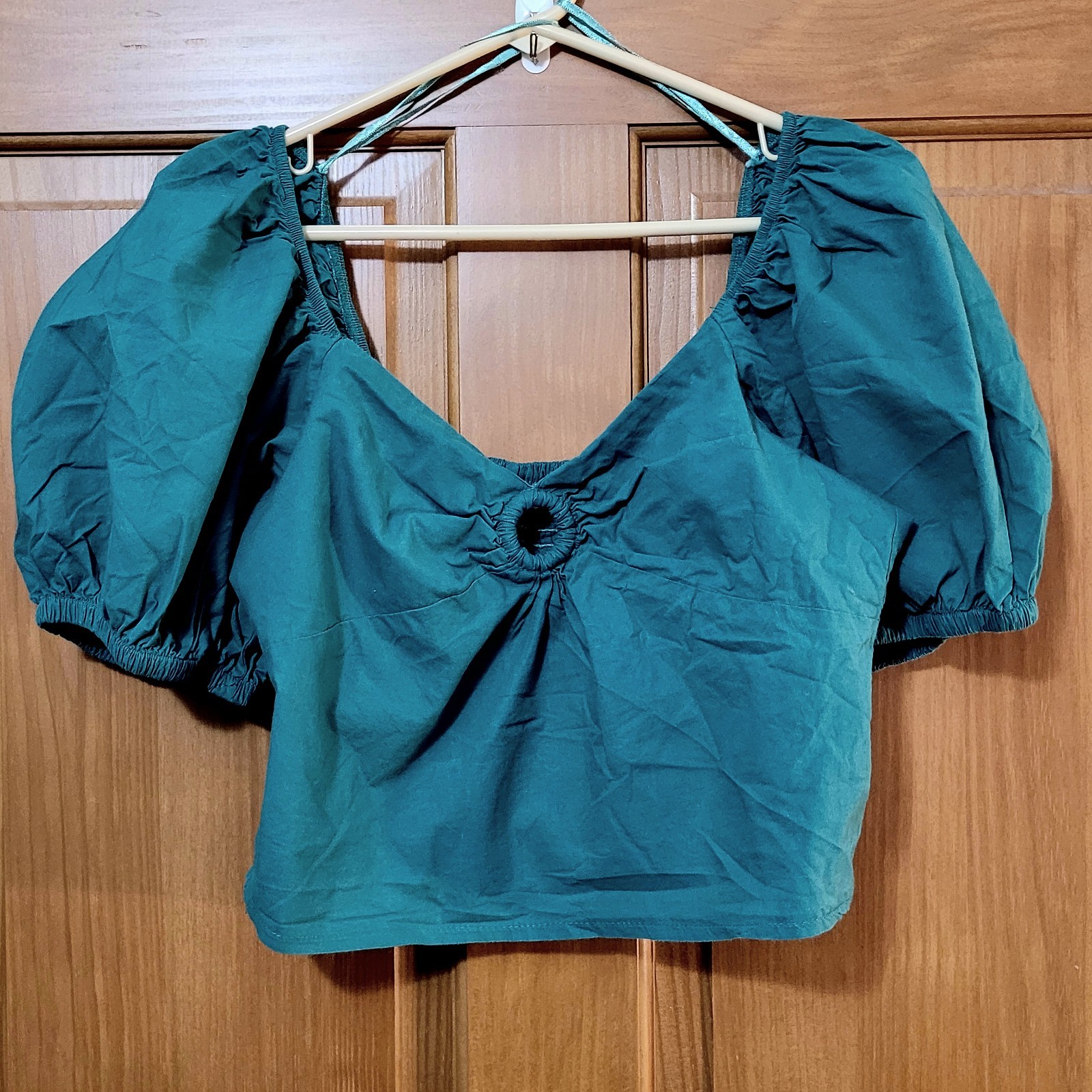 Sim & Sam Women’s XL Green Puff Sleeve Smocked Crop Top Boho Festival Cotton