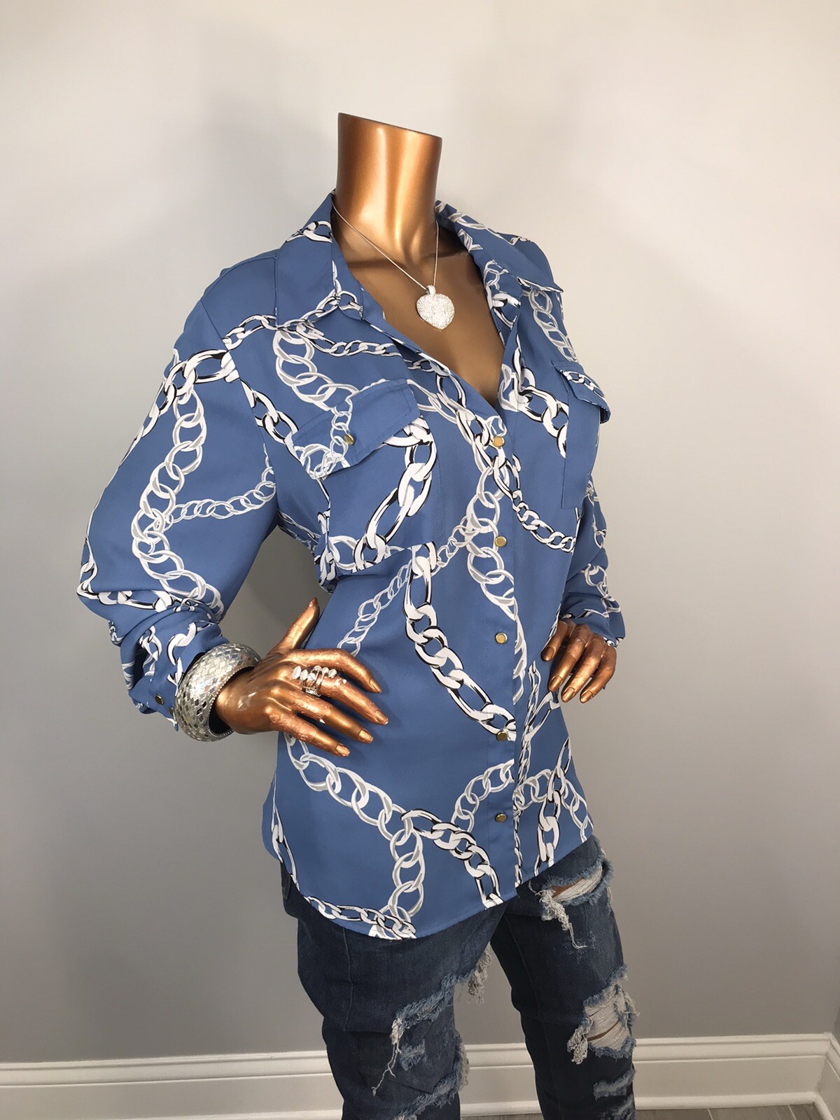 INC 2X Plus Top Chains Prints Button Up Shirt Low Cut Long Sleeves Easywear Sexy