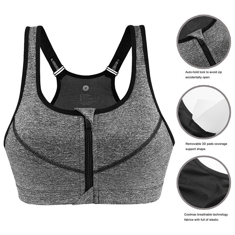 Women’s High Support Push Up Zip Front Close Padded Sports Bra Workout Plus Size