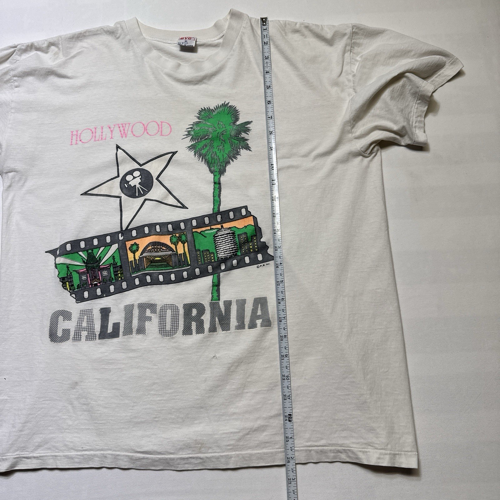 Vintage BYC Hollywood T-Shirt Made in Korea XL Retro Graphic Palm Trees White