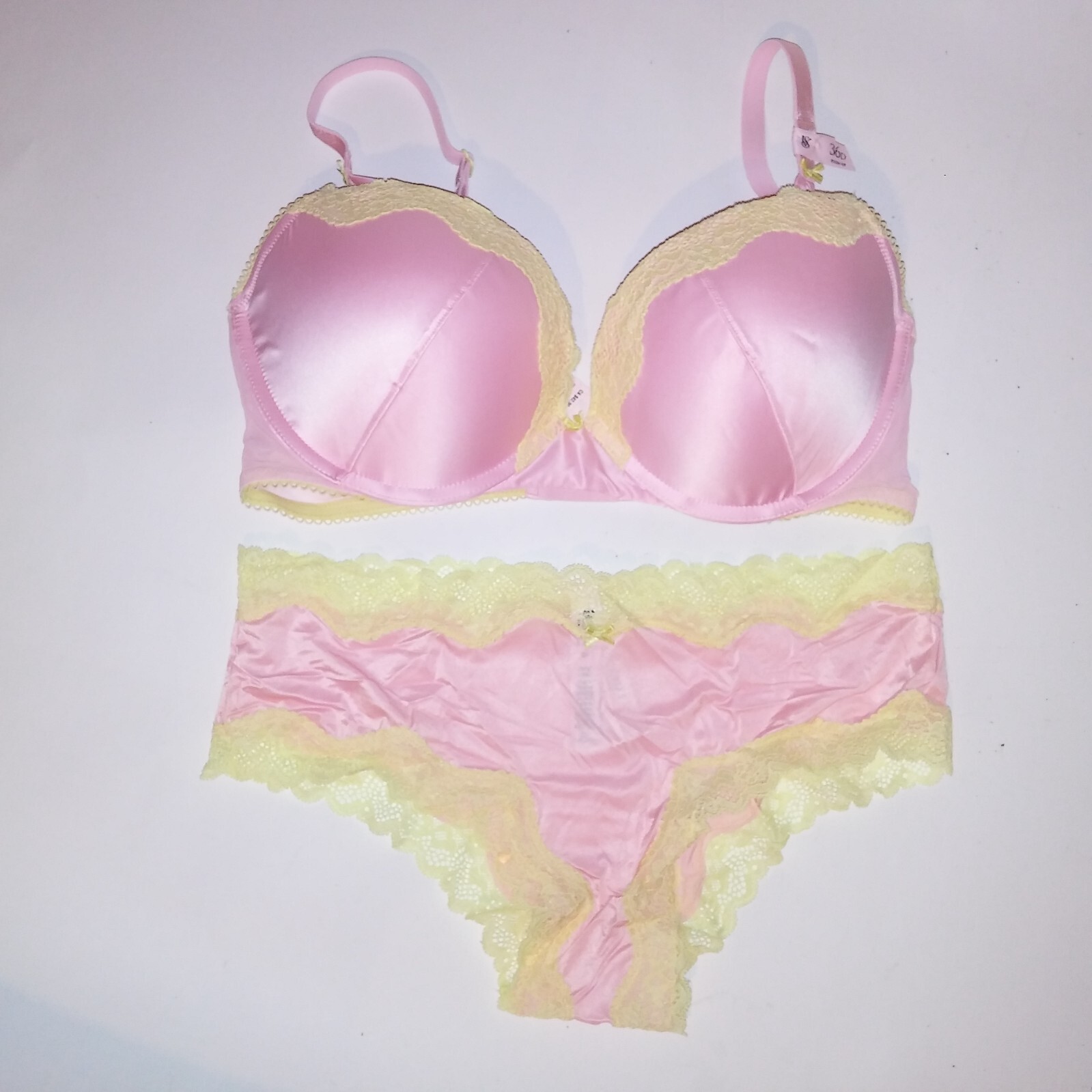 Victoria Secret Bra Set Tease Push Up Cheeky Panty Pink Yellow Lace Trim New