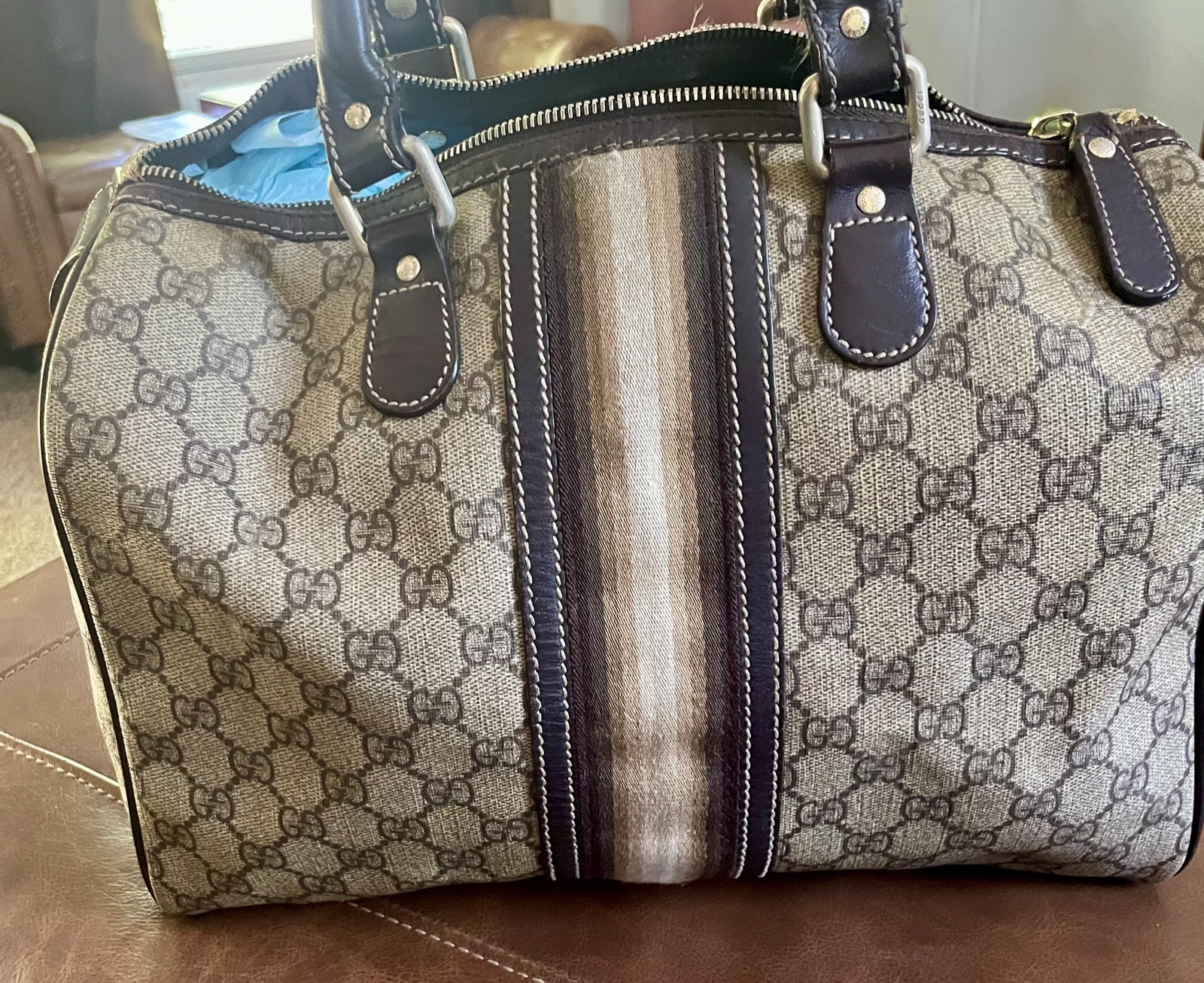 GUCCI authentic Boston Monogram Beige Canvas Leather large Boston satchel