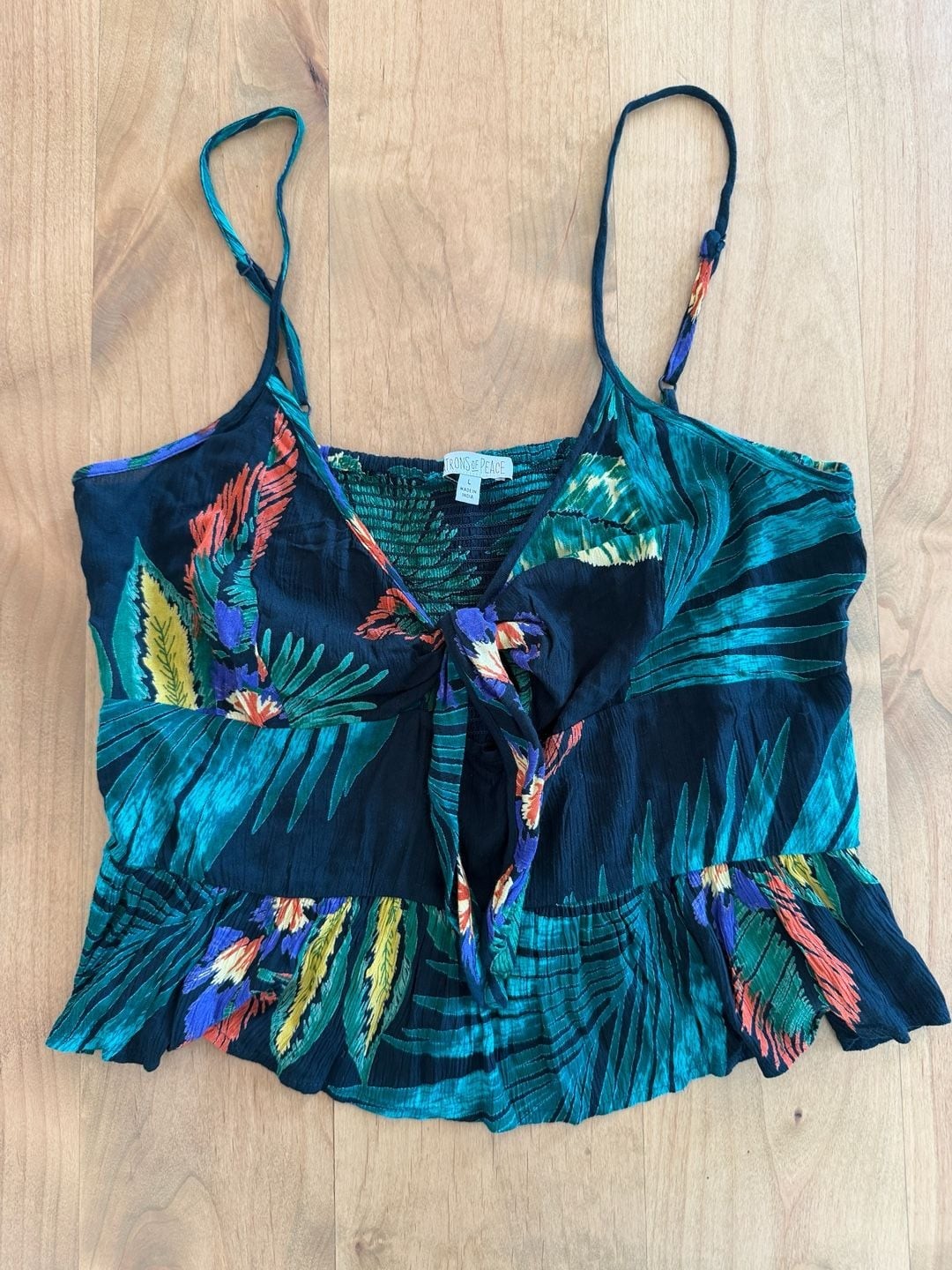 Patrons of Peace Tropical Print Tie-Front Peplum Top Size L