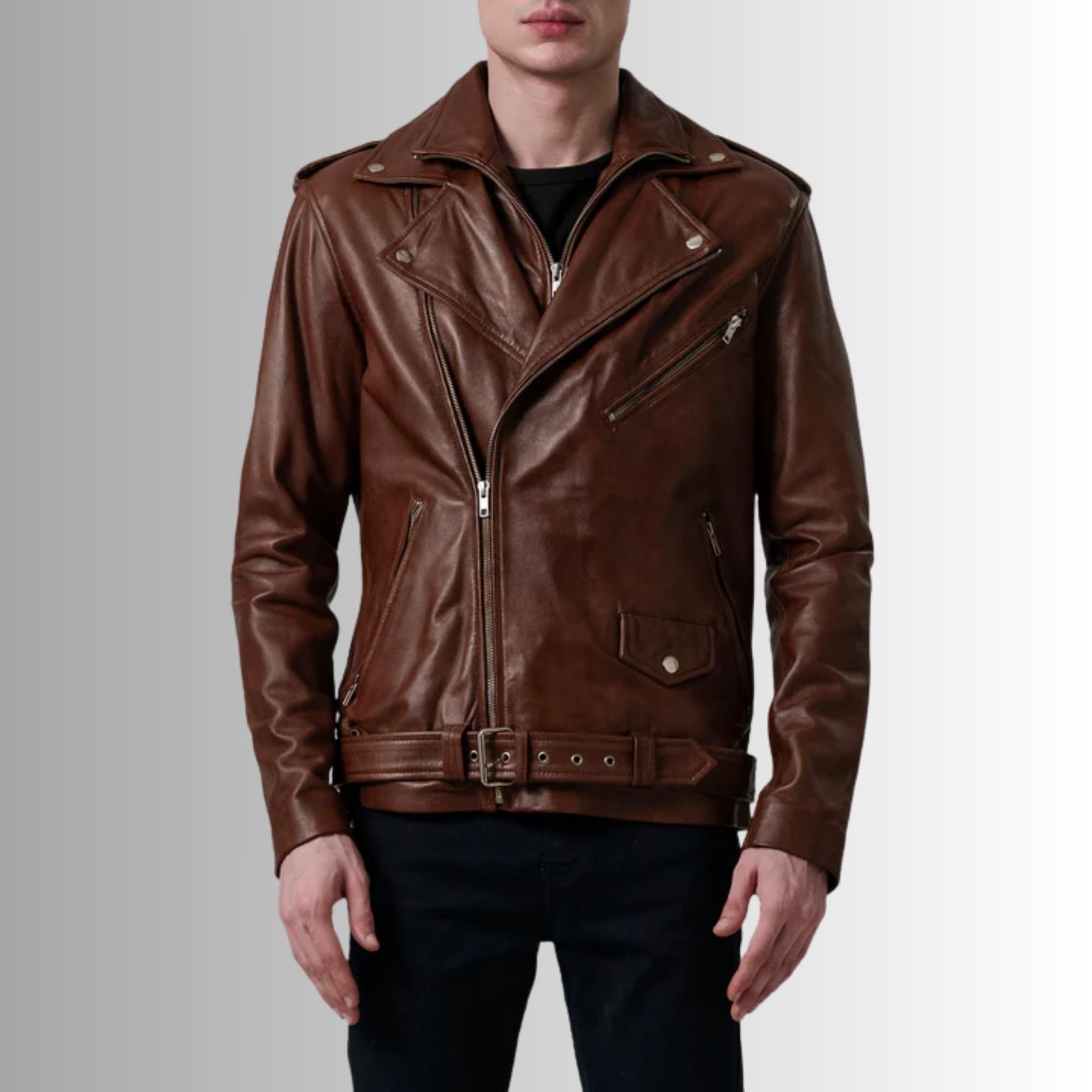 Men Brown Genuine Leather Biker Jacket Slim Fit Moto Zip Up Belted Coat
