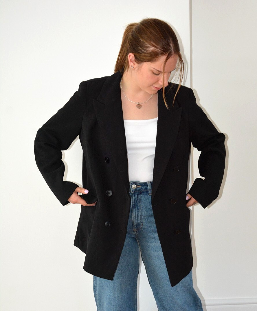 EX PRIMARK BLACK LAPEL DOUBLE BREASTED FULLY LINED BLAZER/JACKET SIZE 16-18-20