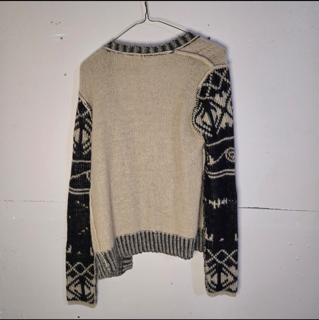 BKE Women’s Open Knit Cardigan Sweater Beige/Black Geometric Long Sleeve L