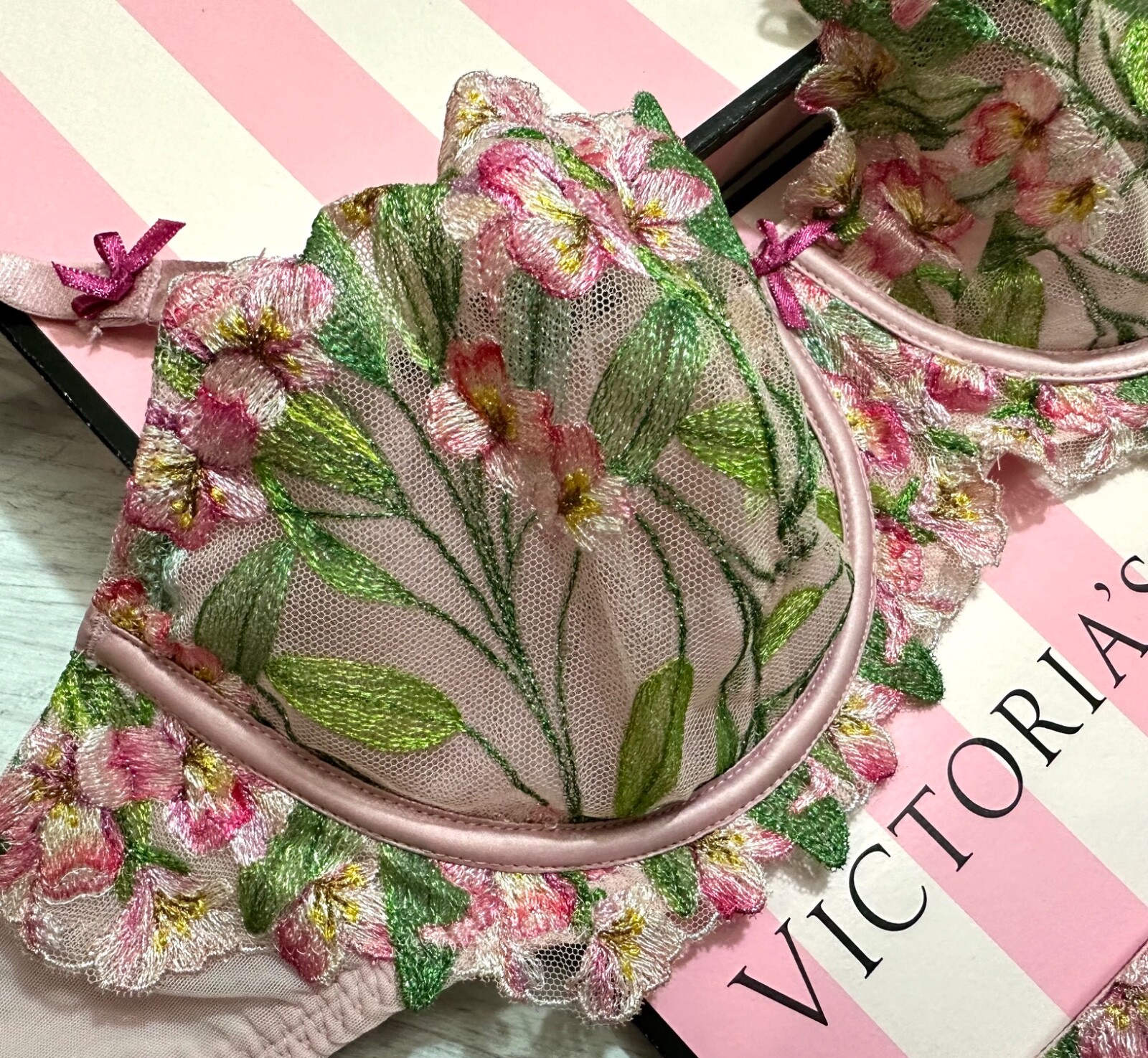 Victoria’s Secret Chalk Rose Embroidery Wicked Unlined Balconette Bra Thong Set