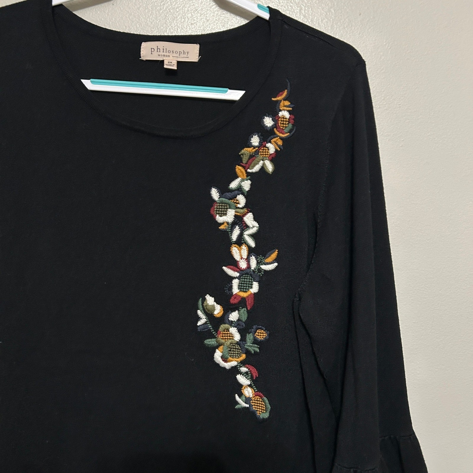 Philosophy Knit Top Womens 2X Black Floral Embroidered Bell Sleeve Cottagecore