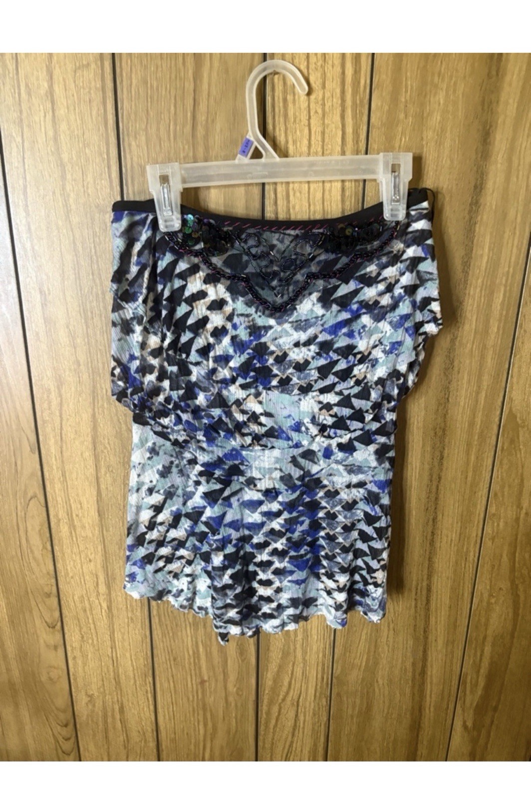 Free People Women’s Blue/White/Black Geometric Lace Trim Camisole Top Size XS