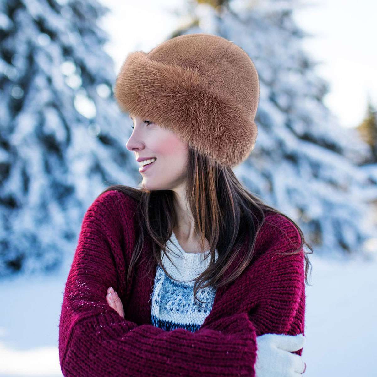 Women Faux Fur Mongolian Hats Cap Brimless Plush Fluffy Skiing Riding Warm