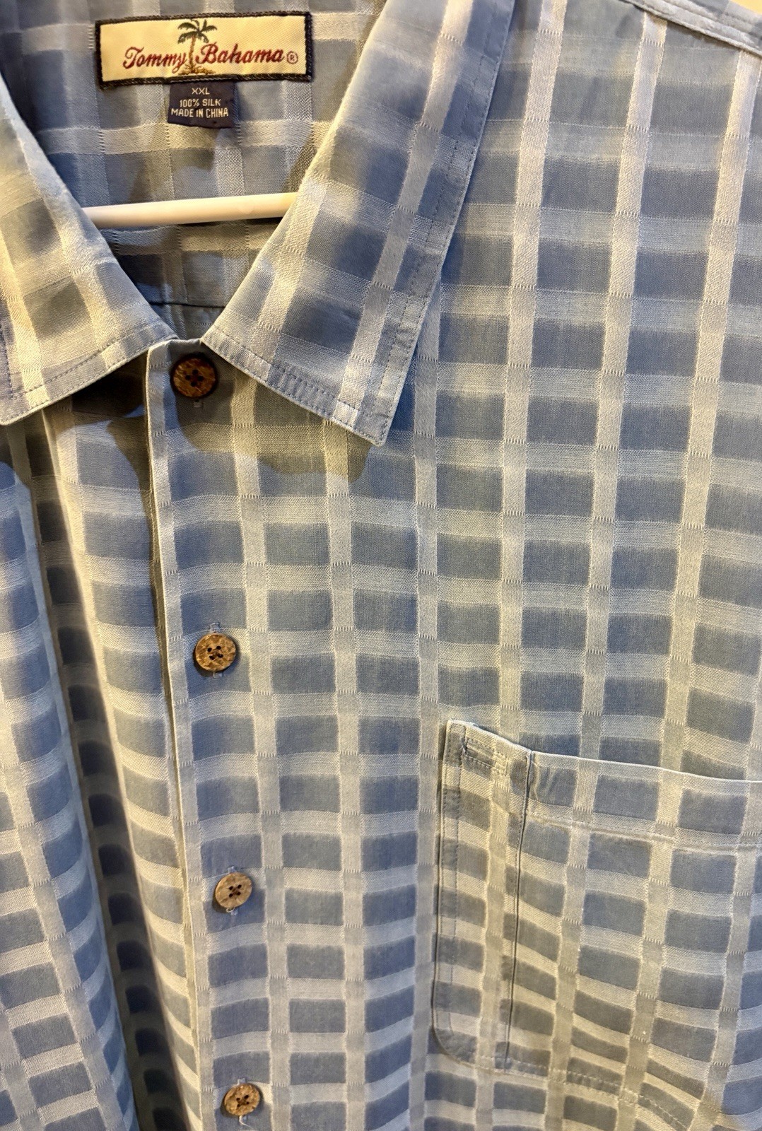 Tommy Bahama Mens XXL Blue/White Checkered Camp 100% Silk Shirt Button Down