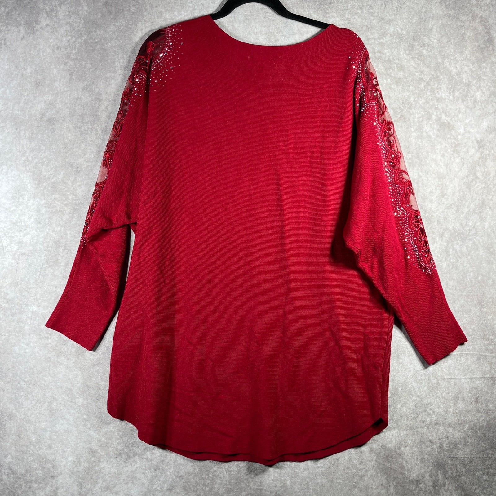 Tahari Top Womens 1X Red Knit Embellished Long Sleeve Tunic Casual Career Office