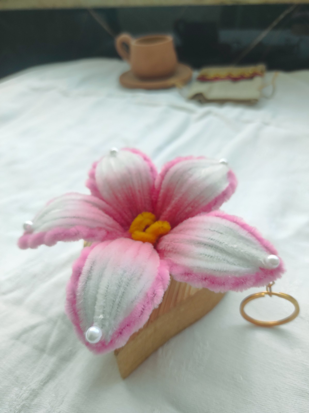 ​Handmade Pink Flower Bag Charm – Artisan Floral Keychain – Unique Handcrafted A