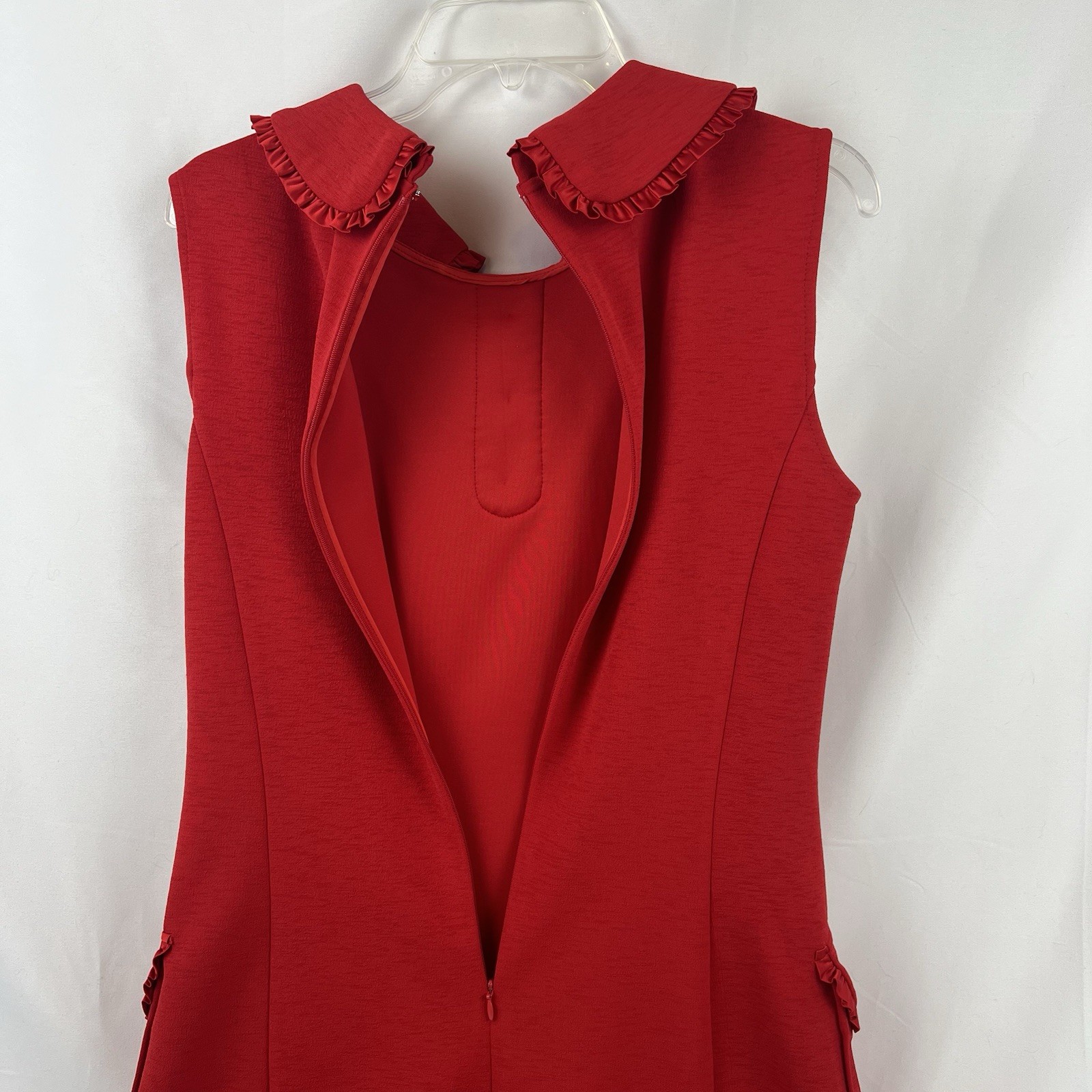 Nanette Lepore Red Dress Sleeveless Ruffle Peter Pan Collar Knit Size 8 POCKETS!