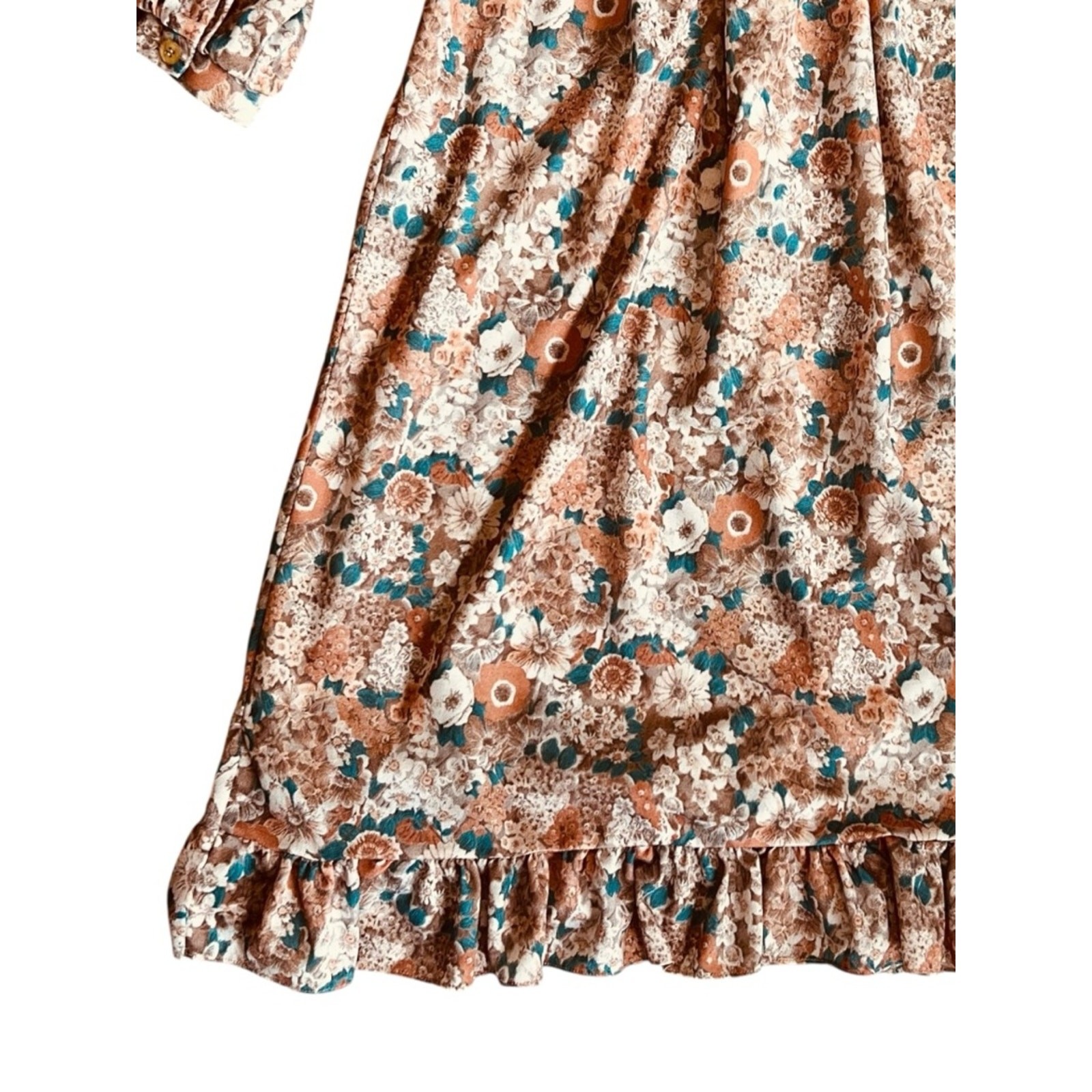 Vintage 70s Bob Simmons Women’s Sz S Tan Floral Ruffle Dress Midi Long Sleeves