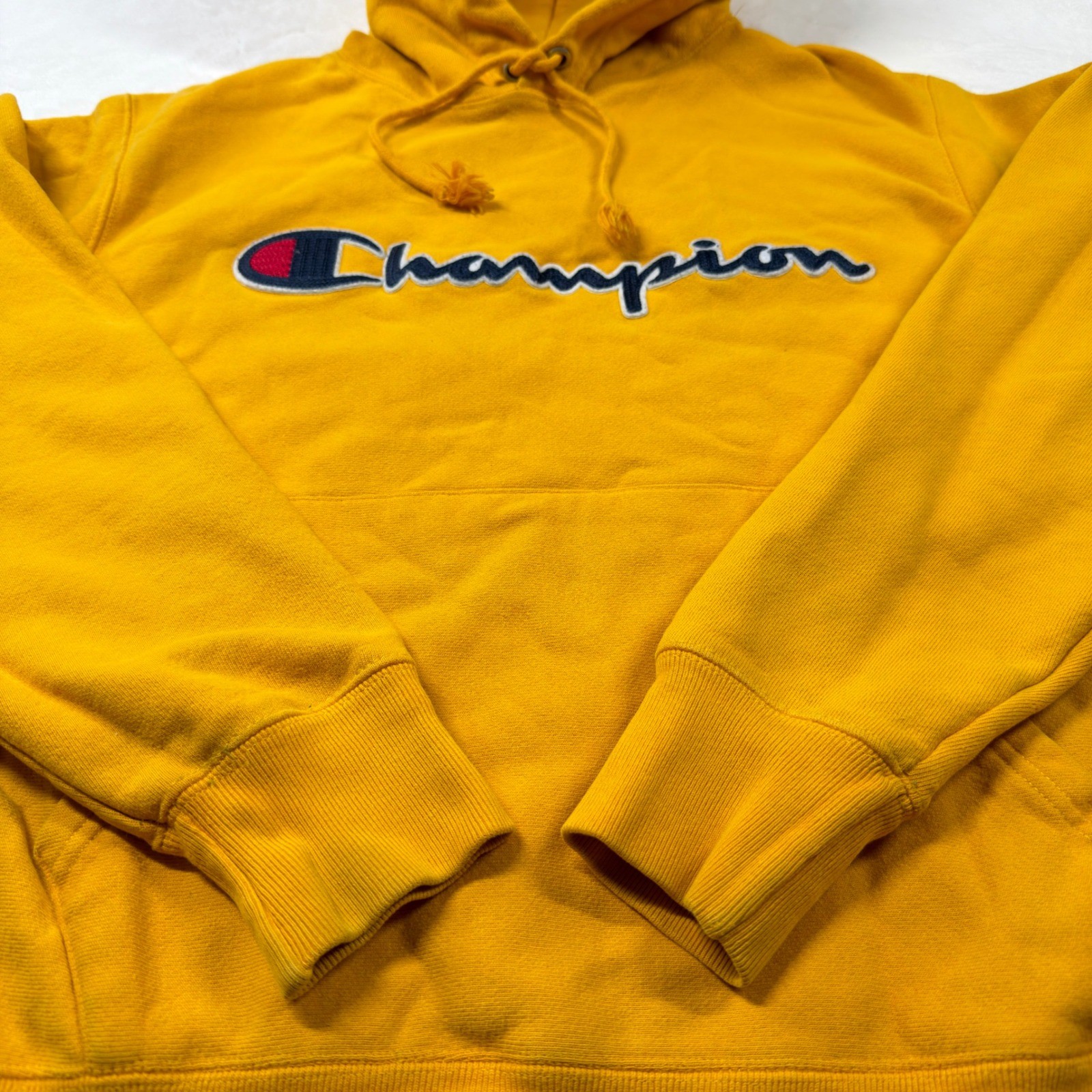 Champion Reverse Weave Hoodie Mens Medium Gold Yellow Good Script Logo GF68 BYC