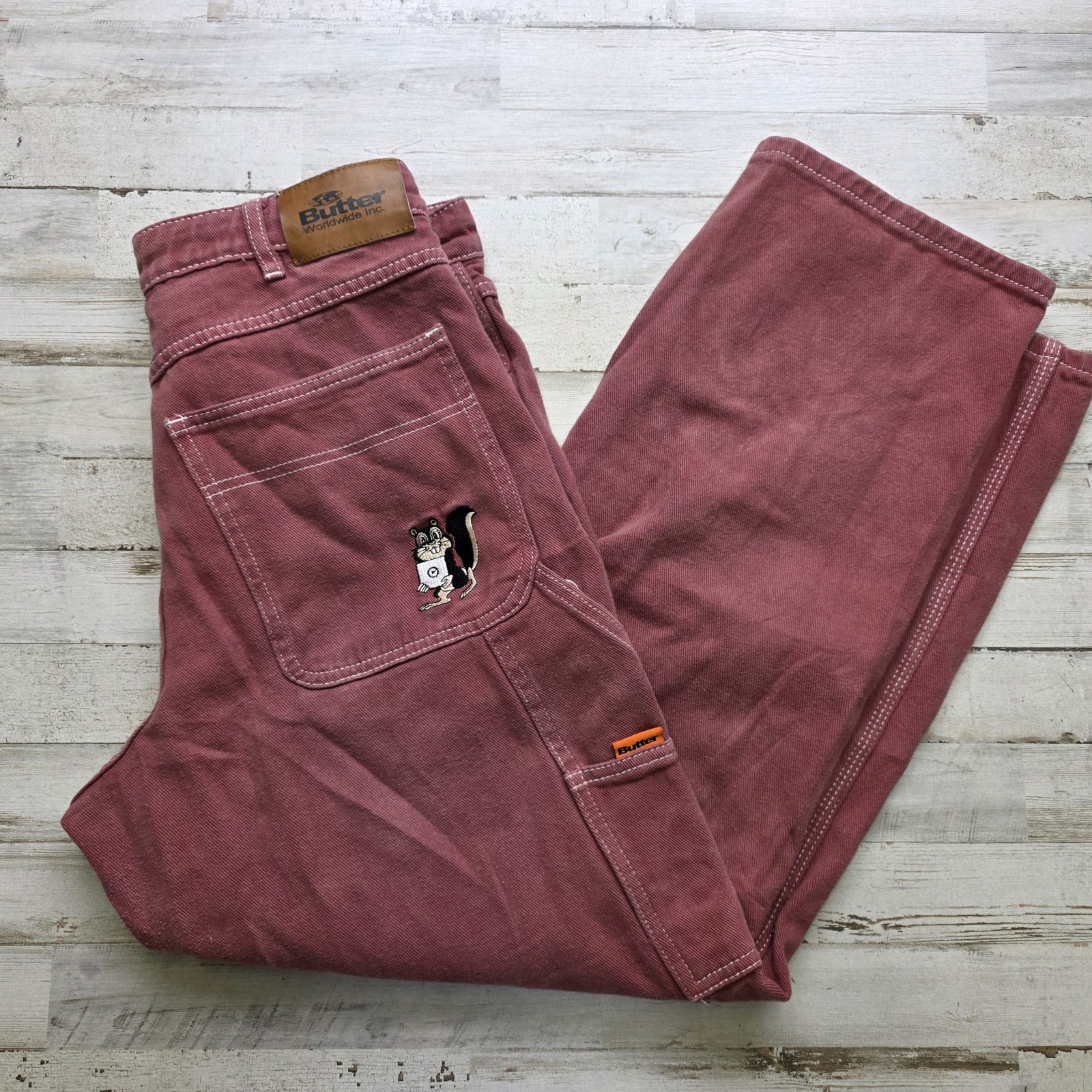 Butter Goods Jeans Sz 28×28 Embroidered Baggy Skater Drawstring Wine Red – Skunk