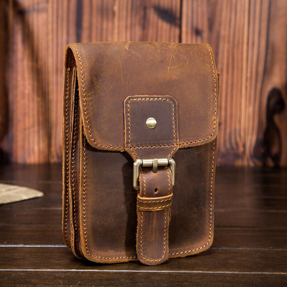 Crazy Horse Leather Men Small Waist Bag Pouch Hook Fanny Waist Belt Pack#