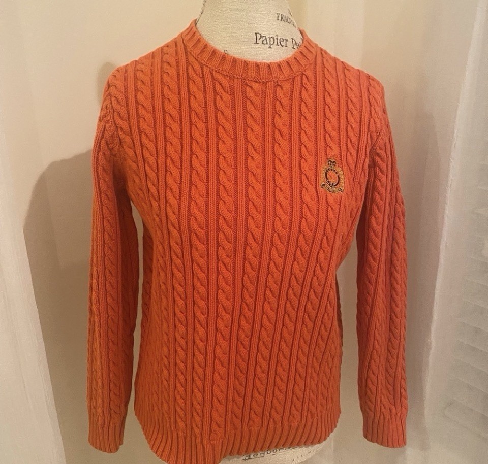 Lauren Ralph Lauren Orange Cable-Knit Crew Neck Pullover Cotton S