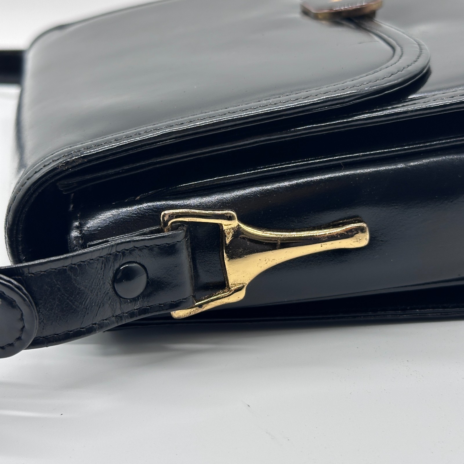 CELINE Shoulder Bag Handbag Horse Black Leather Carriage Purse Vintage Authentic