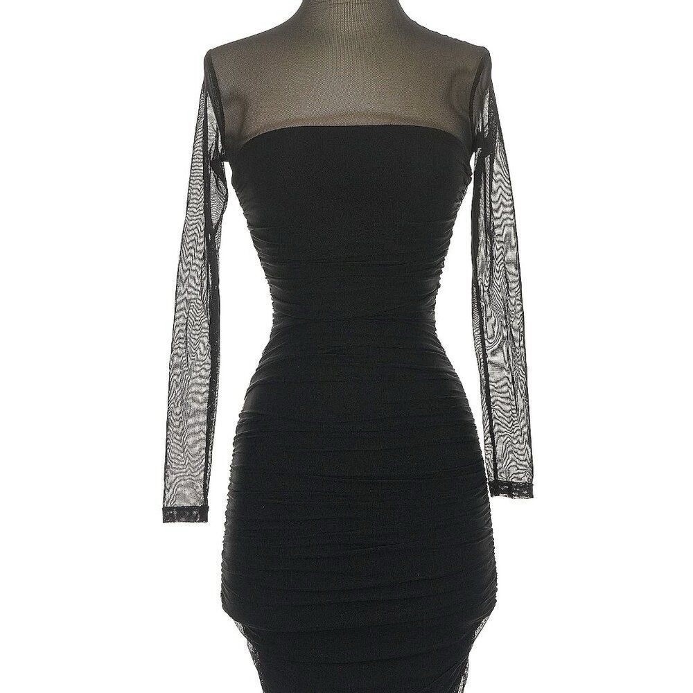 Nookie Poison Black Mesh Mock Neck Ruched Sheer Stretch Mini Dress Size M