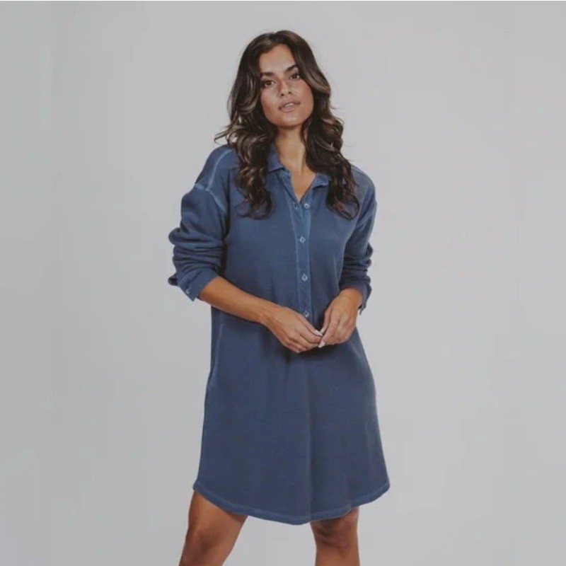 The Normal Brand Blue Henley Thermal Long Sleeve Shirt Dress Women’s size XS