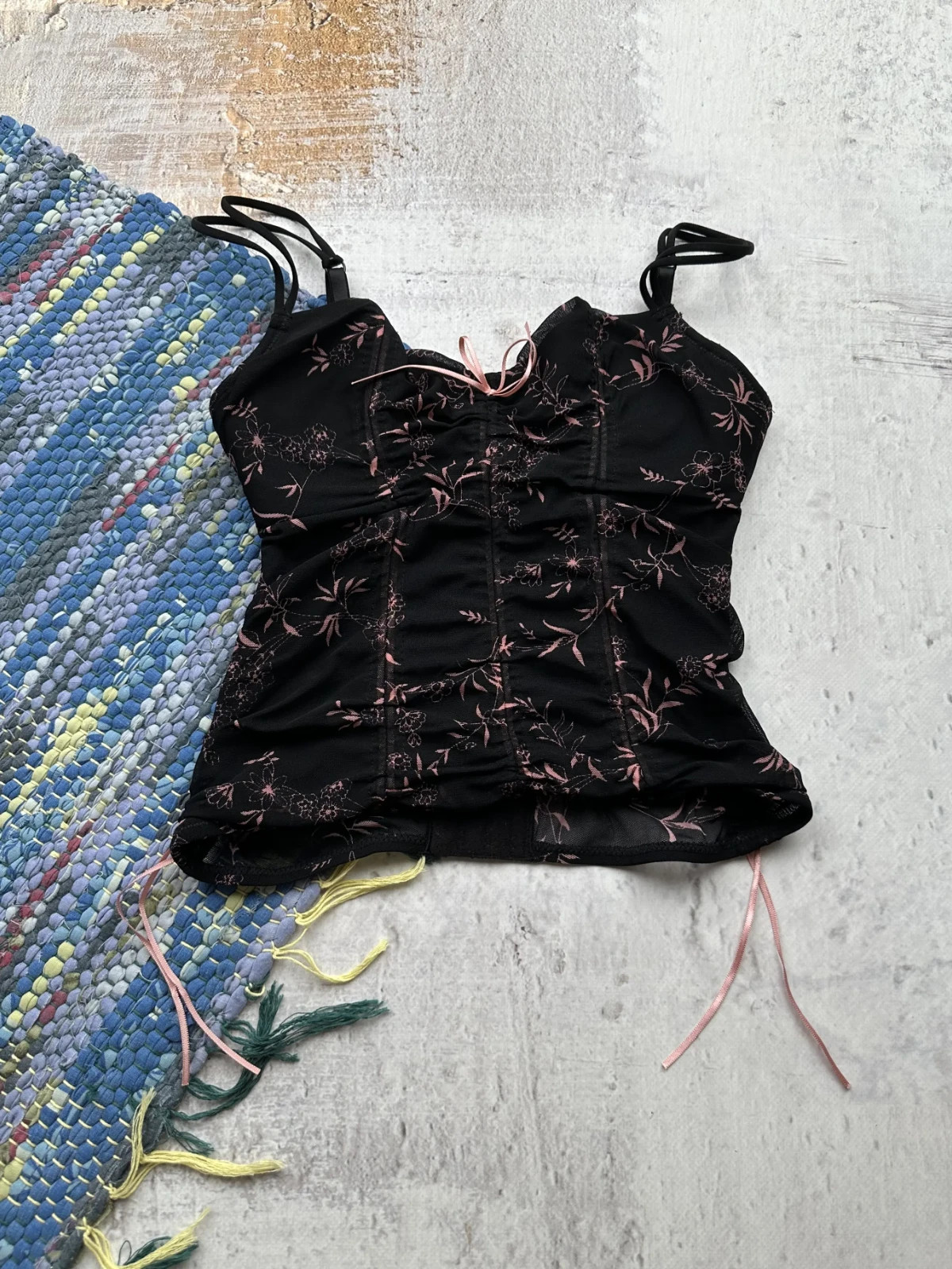 Y2K Women’s Floral Mesh Cami Top Ruched Sheer Tie Side Camisole Vintage