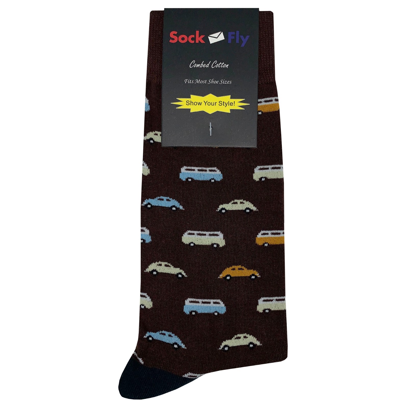 NWT Car Classic Dress Socks Novelty Men 8-12 Brown Crazy Fun Sockfly