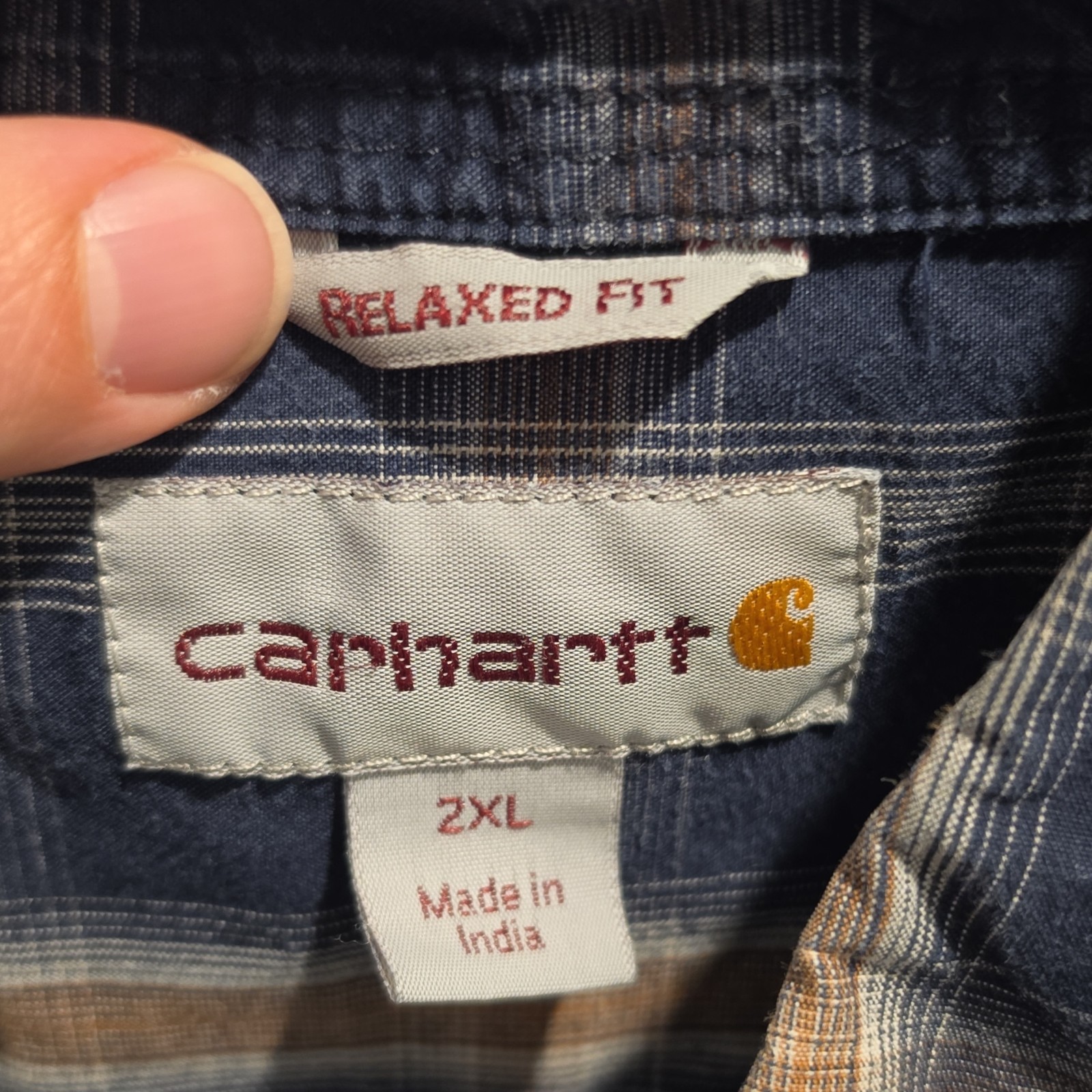 Carhartt Men’s Blue Beige White Plaid Flannel Long Sleeve Button-Up Shirt 2XL