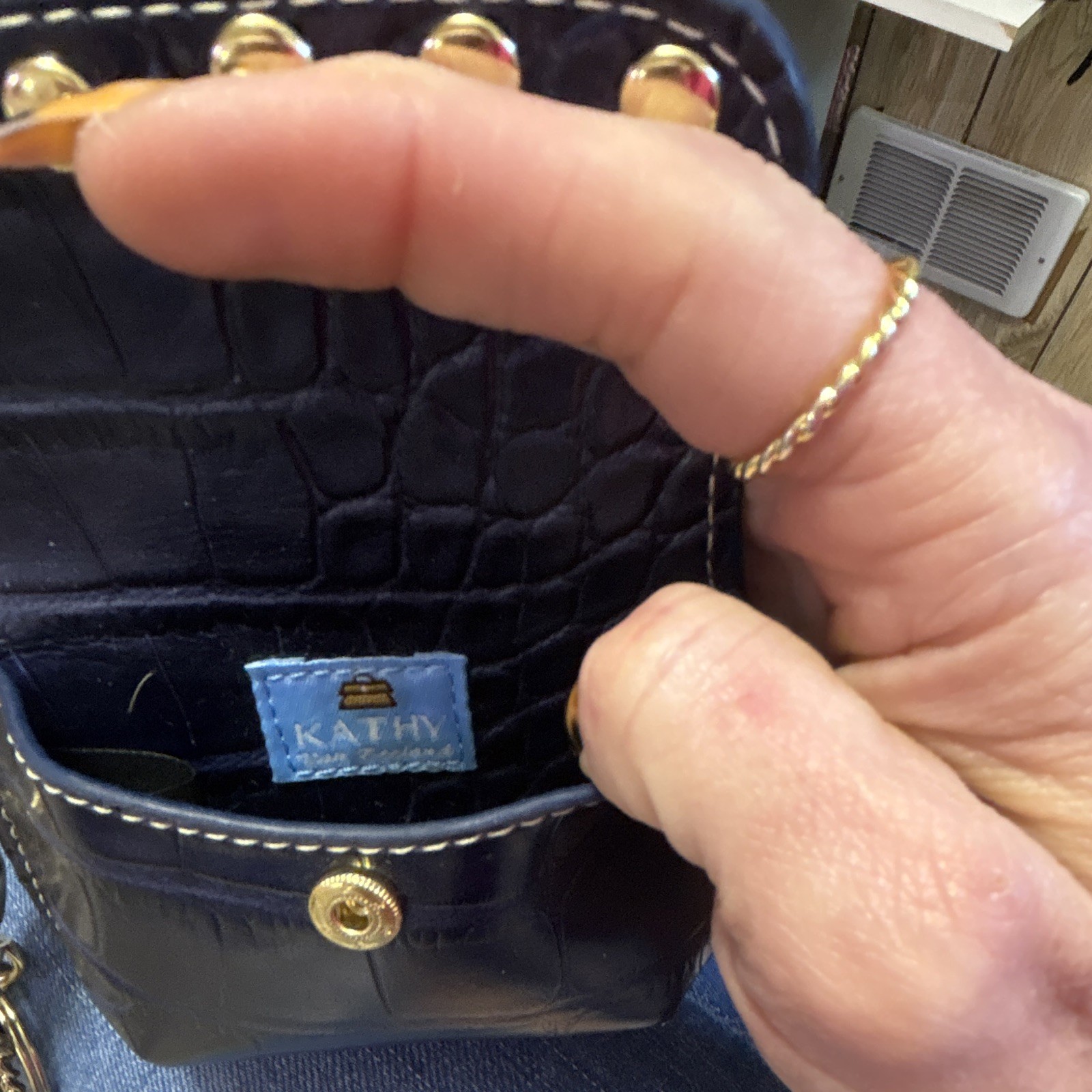 Kathy Van Zeeland Blue/Gold Croc Key Chain Heart Charm Rhinestone Studded