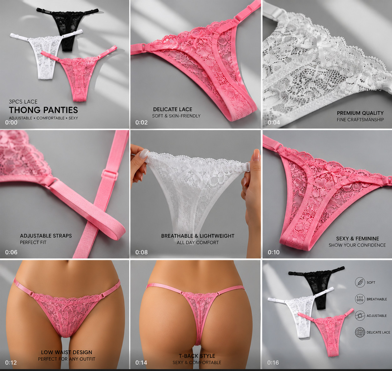 3PCS Tangas Transparentes de Encaje Mujer T-Back Ajustables Cintura Baja