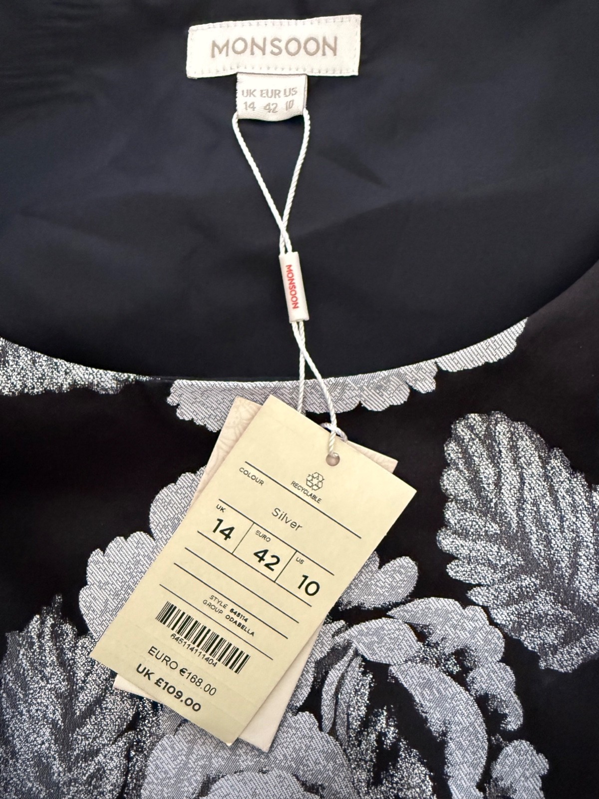Monsoon Dress Women’s Size UK14 BNWT Black & silver flower pattern