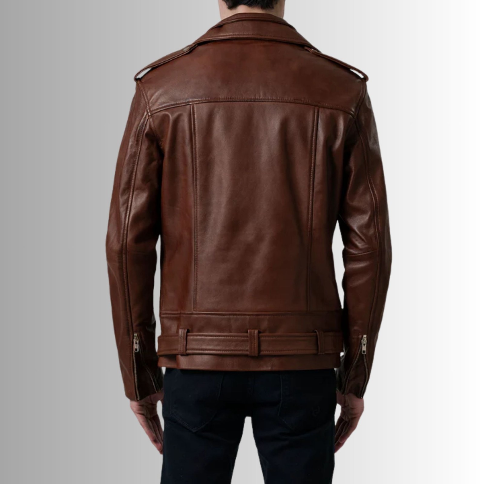 Men Brown Genuine Leather Biker Jacket Slim Fit Moto Zip Up Belted Coat