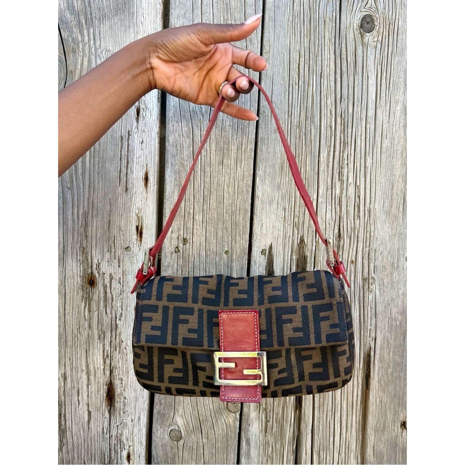 Authentic Fendi Baguette shoulder bag Zucca FF monogram canvas red leather trim