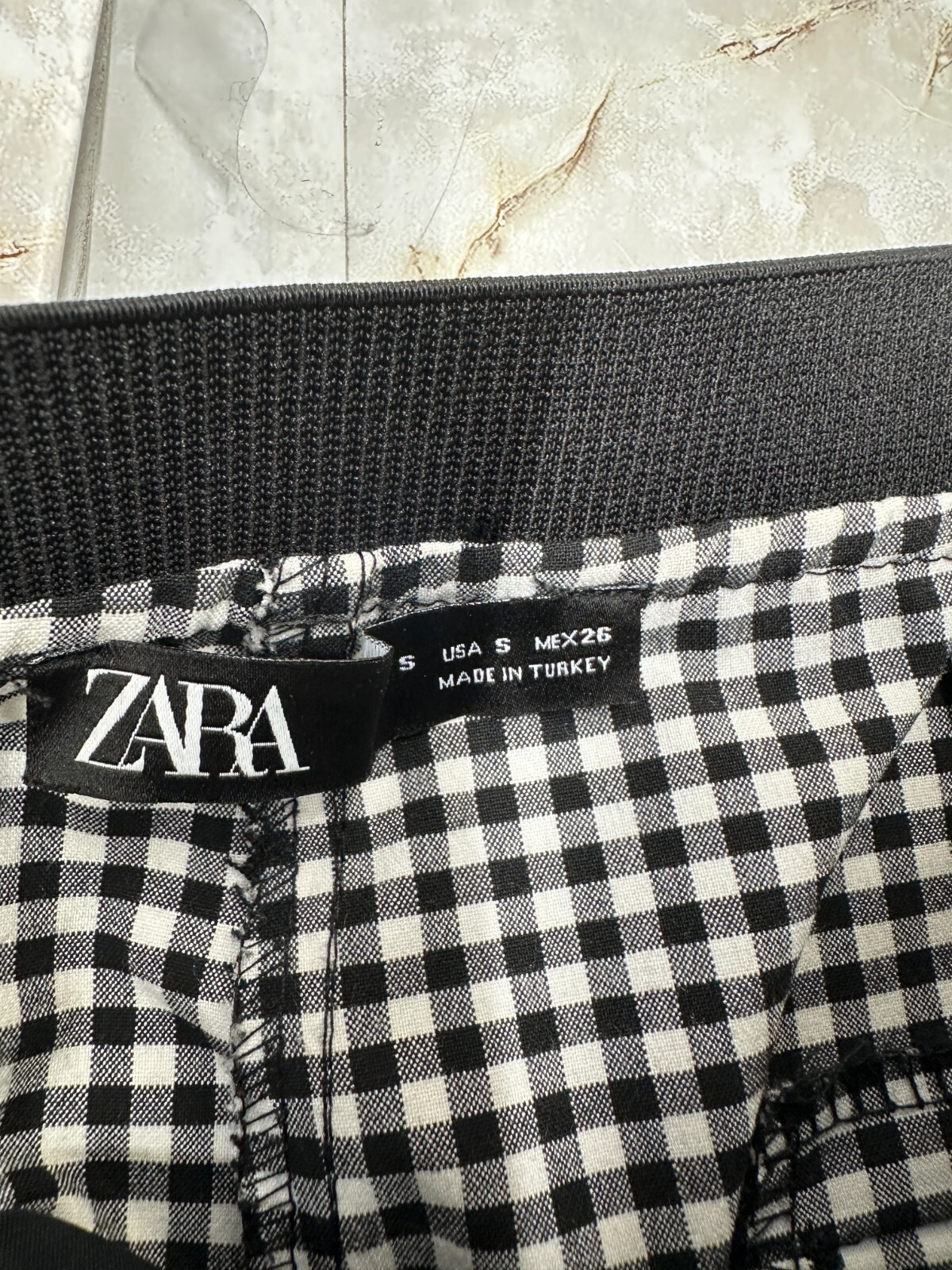 Zara Back Waist elastic Band side pockets Ankle Black White Checker pant size s