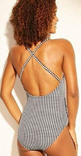 Kona Sol V-Neck Fully Lined Shirred Seersucker One Piece Black/White) L NWT