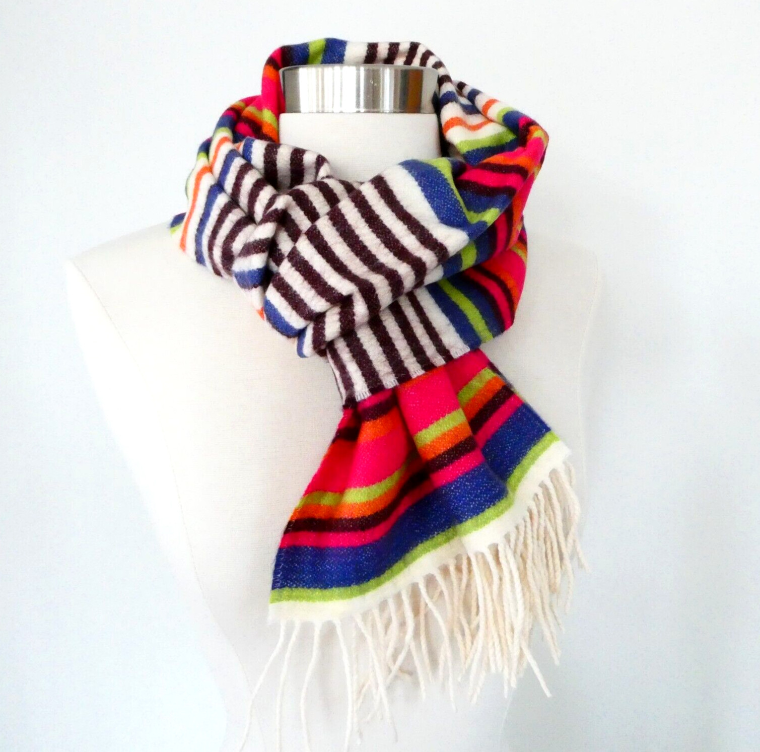 NEW 100% Pure Cashmere Bright Colors Striped Scarf 12×66 inch Fringe Germany